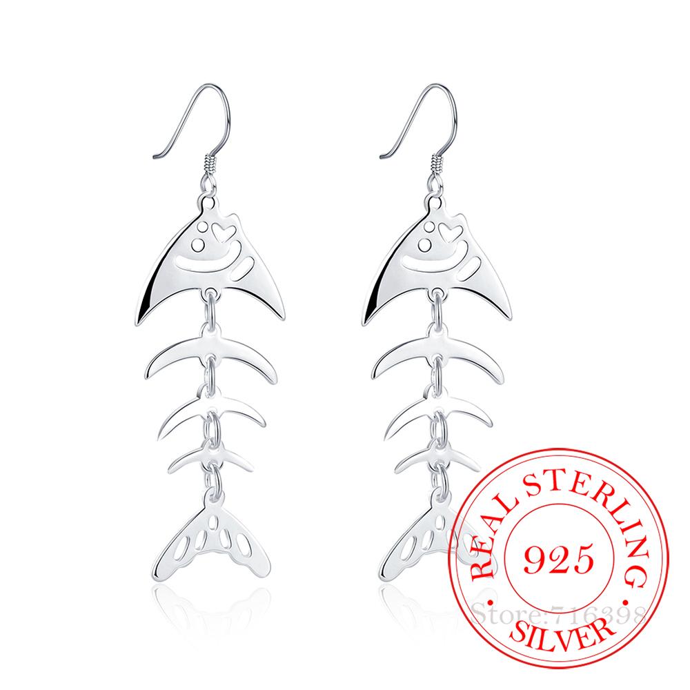 Trend 925 Sterling Silver Earrings for Women Fashion Fish Skeleton Long Drop Earring Hanging Jewelry Brincos Feminino