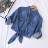 Женская короткая джинсовая рубашка с завязками, маленькая фигура с рукавами, летняя утягивающая одежда из чистого хлопка, тонкая солнцезащитная шаль, верхнее пальто