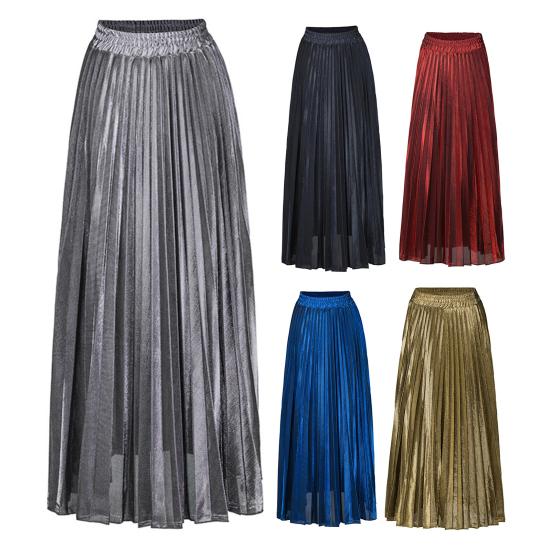 Women Maxi Skirt Elastic High Waist Pleated Golden Long Skirt Slimming Design Spring Summer Skirt Work Leisure Travel Wear