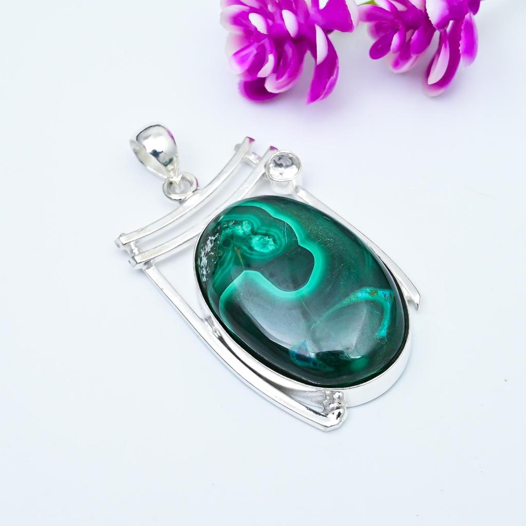 Подвеска из малахита и белого топаза, ювелирное изделие из стерлингового серебра 925 пробы. Подарок для женщин, подвеска ручной работы, ювелирные изделия из драгоценных камней