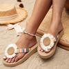 Imitation Braided Jute Rope Tassel Slippers with Sun Flowers Fashion Outdoor Tassel Slippers for Women with Thick Heels And Flowers