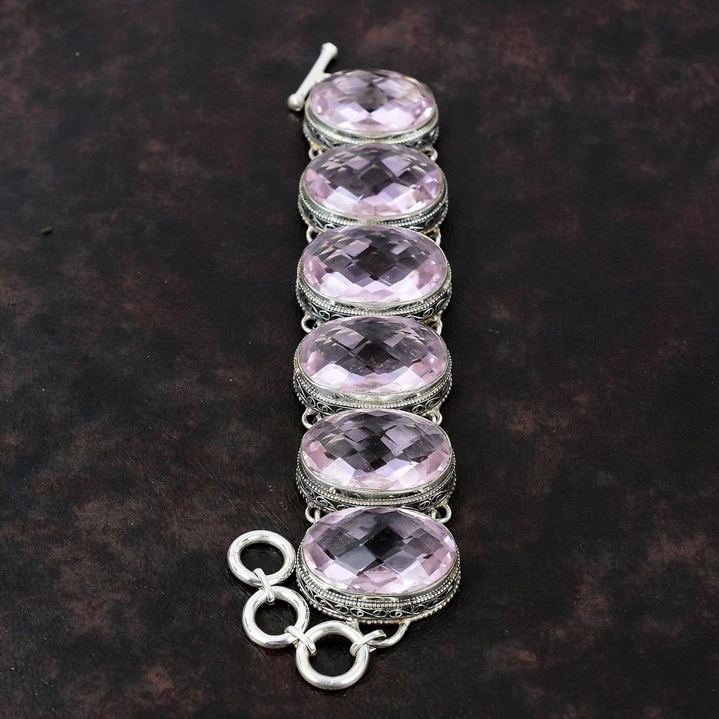 Браслет из ограненного розового кунцита из стерлингового серебра 925 пробы, ювелирные изделия ручной работы, регулируемый браслет-цепочка, винтажный браслет, подарок для него