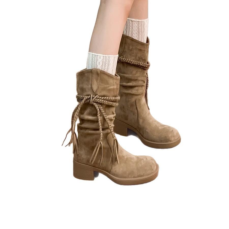 Версия из коровьей кожи~ ботинки на толстой подошве женские винтажные в стиле рыцарских ботинок из натуральной кожи матовые с бахромой из пеньковой веревки на толстом каблуке ботильоны