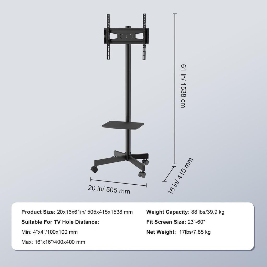 Mobile TV Stand, Mobile TV Cart for 23 to 60 inch TVs, Height Adjustable Portable TV Stand with Wheels, with A Tray for Audio-Visual Devices, Rolling