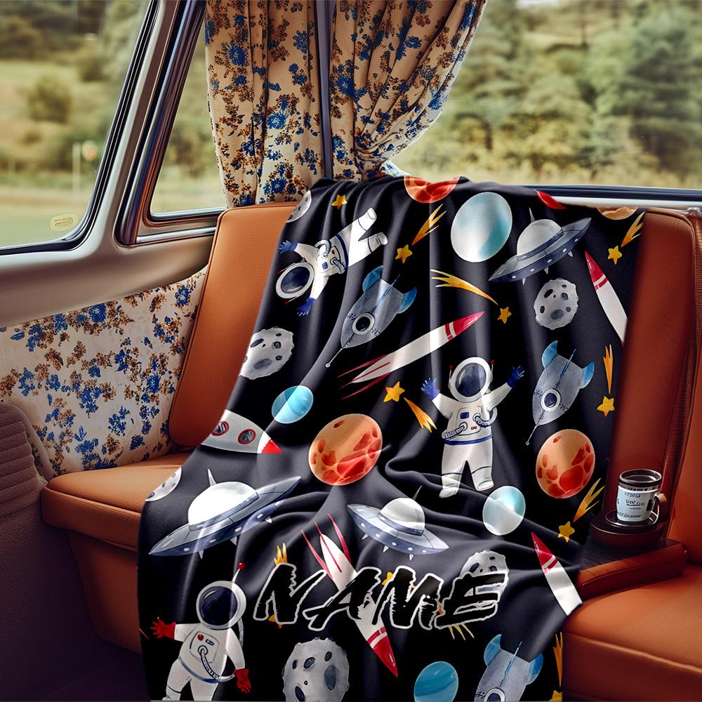 Space Adventure With Astronauts And Planets Blanketcustomizable With Your Namecomfortable And Stylish Perfect For Travel Beds Chairs Offices Sofas