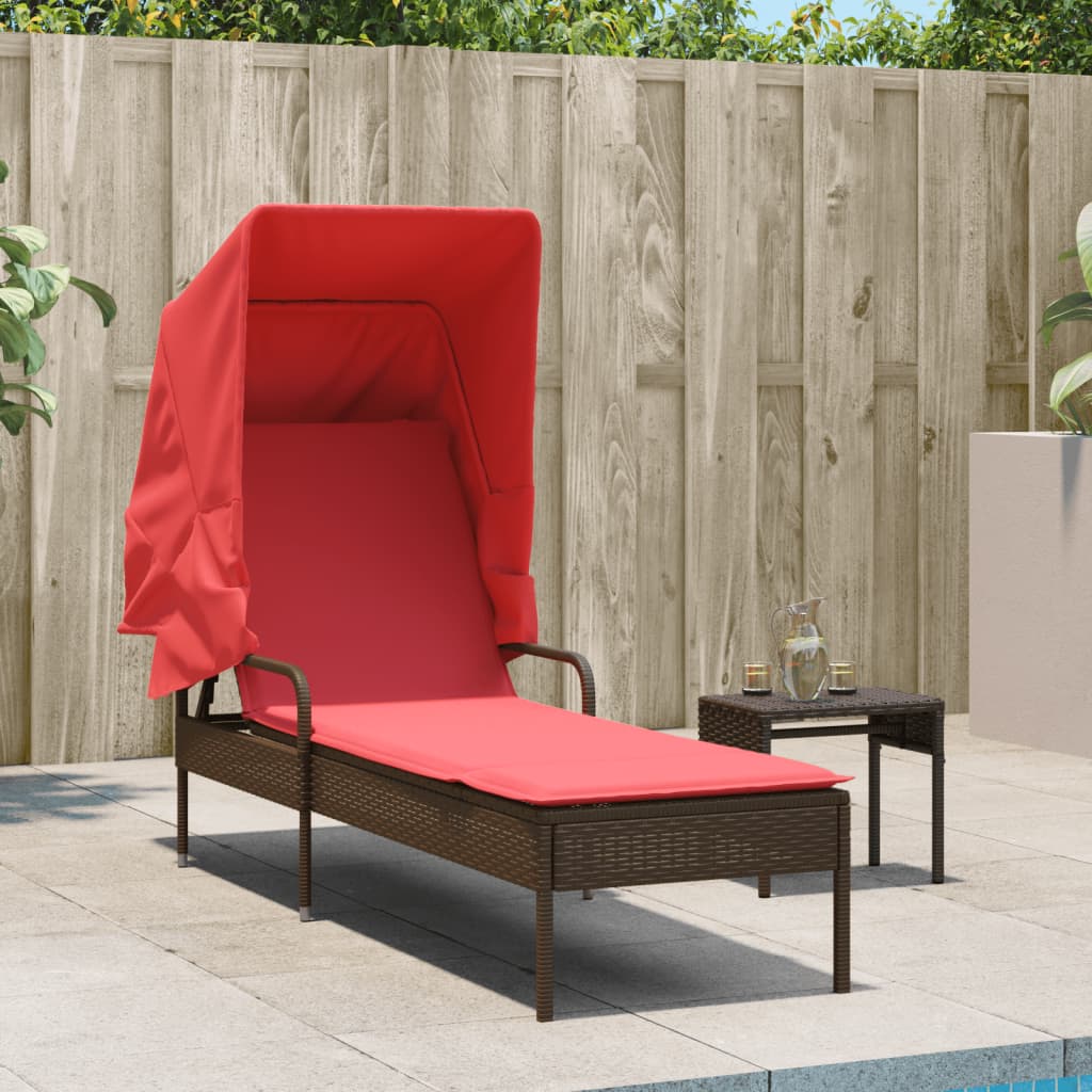 Brown Sun Lounger with Sun Canopy Poly Rattan