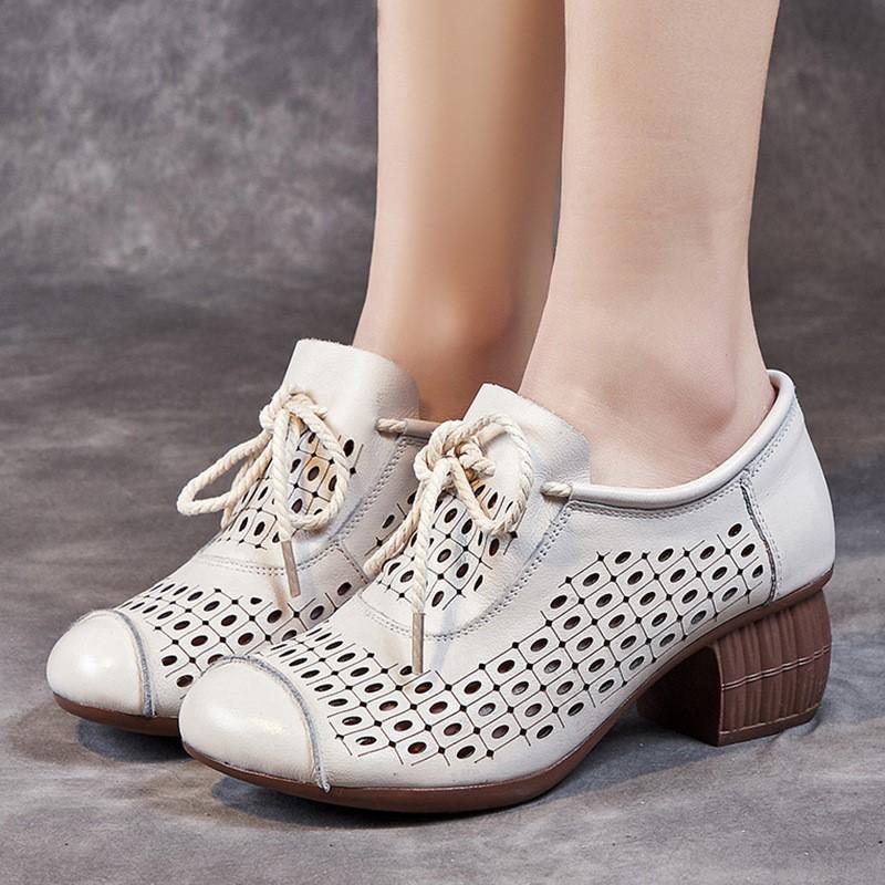 Johnature Ретро женская обувь Натуральная кожа Перфорированные Дышащие Мягкая подошва Толстый каблук Сандалии