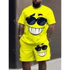 Cool Joyful Face Casual Set - Bright Yellow Cartoon Pattern T-shirt And Shorts