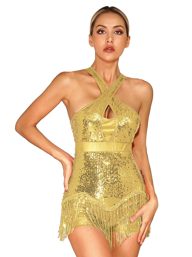 Женское сексуальное платье с вырезом, блестки и кисточки, лирический танцевальный купальник без рукавов с бахромой, боди для латиноамериканских современных джазовых танцев, костюм