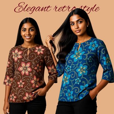 Винтажная повседневная блузка, для женщин, стрейч-конопля, цветочный принт, круглый вырез, рукава три четверти, элегантный свободный топ