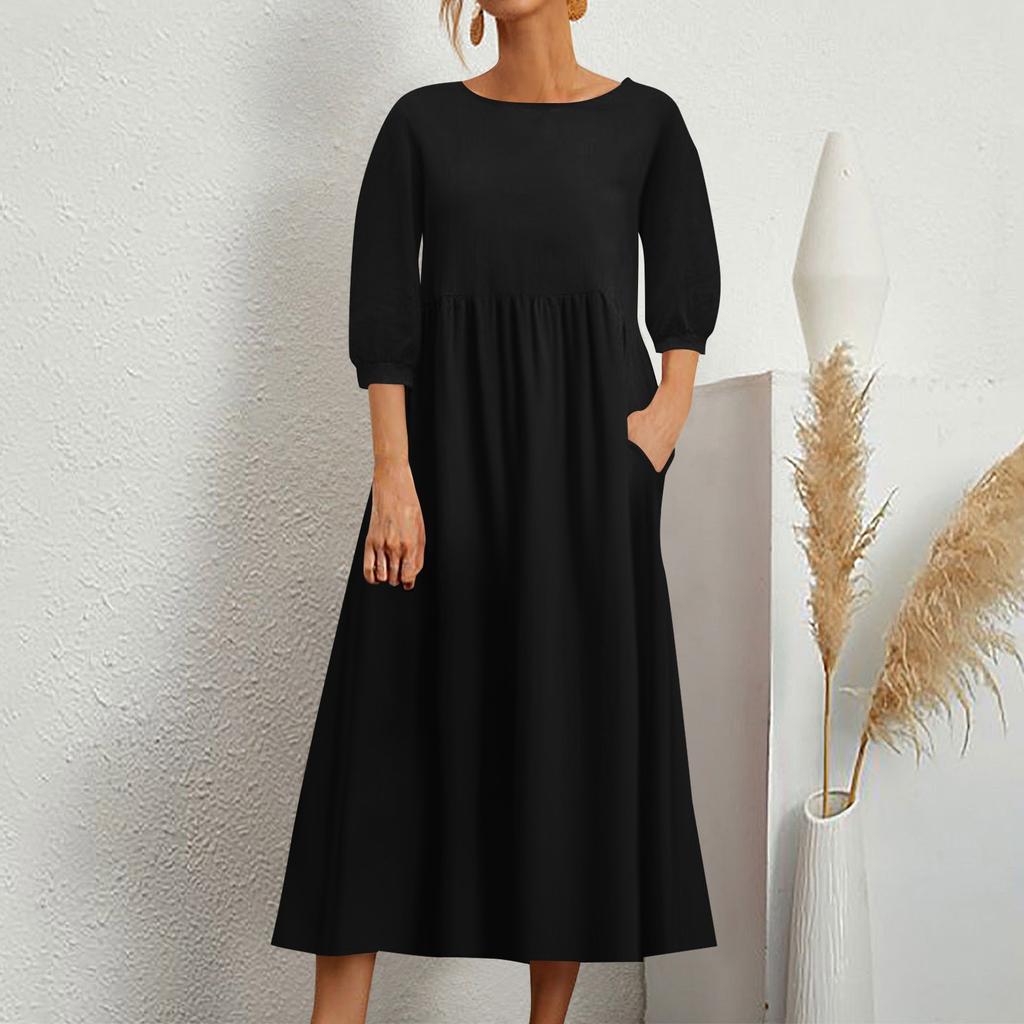 Женское модное однотонное свободное хлопково-льняное длинное платье с карманами и средними рукавами