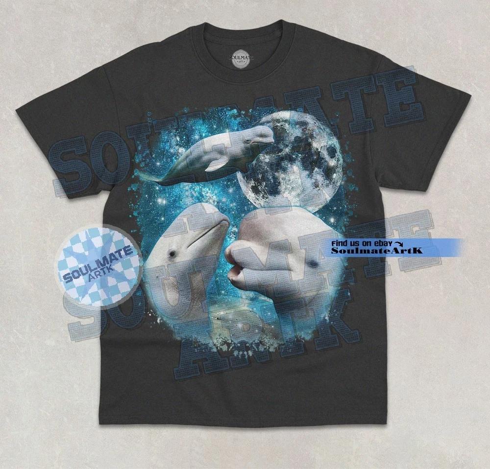 Three Beluga Whale Moon T- Shirt Funny Cute Whale Ocean Life Graphic Unisex Shirt
