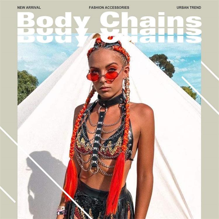Punk Layered Body Chain Black Leather Bra Caged Harness Choker Bra Chains for Night Club Gothic Top
