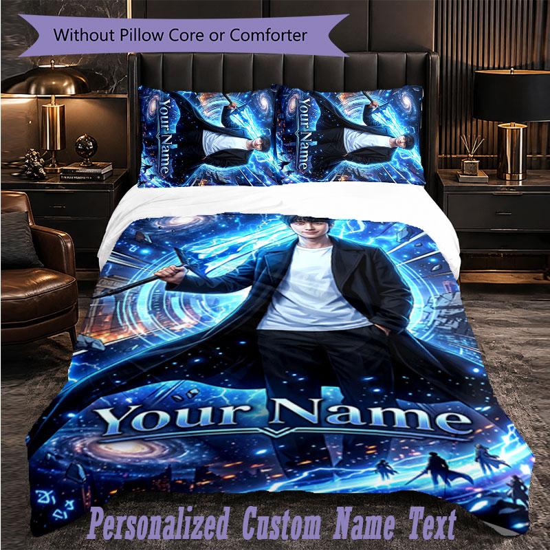 Personalized 3Pcs Bedding SetSolo Leveling Custom Text Duvet Cover Pillowcase Set Bedroom Gift