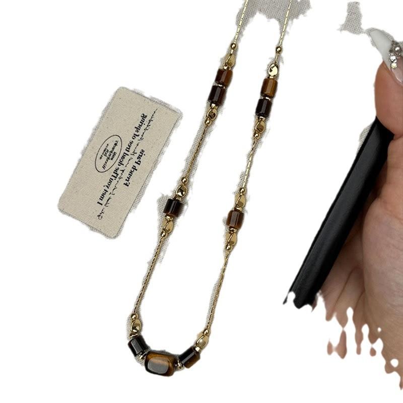 Autumn And Winter Maillard Tiger'S Eye Stone Beaded Necklace Women'S Niche High-End Sense Personalized Fashion Versatile Neck Chain Sweater Chain