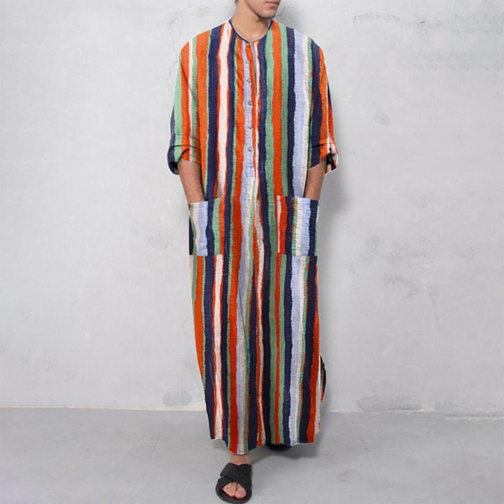 Летняя мужская мусульманская одежда, свободный халат, полосатая рубашка на пуговицах