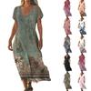 Fashion Women's Summer V-Neck Short Sleeve Vintage Floral Print Beach Dress