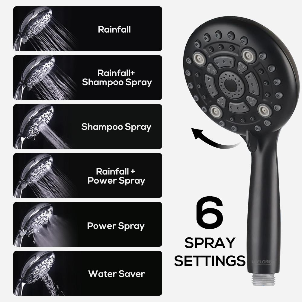New Design Bathroom Use High Flow 6 Functions High Pressure Black Shower Mist Spray Bath Hand Handheld Shower Head