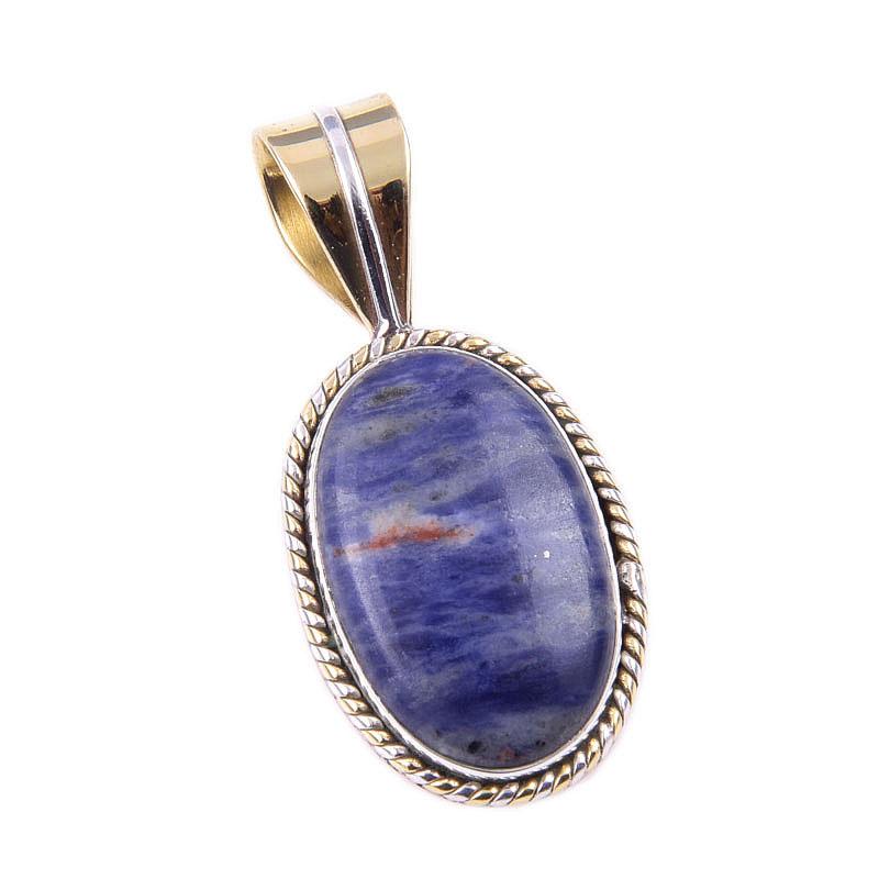 Natural Sodalite Gemstone 925 Solid Sterling Silver Two Tone Pendant 1.25" D0g56