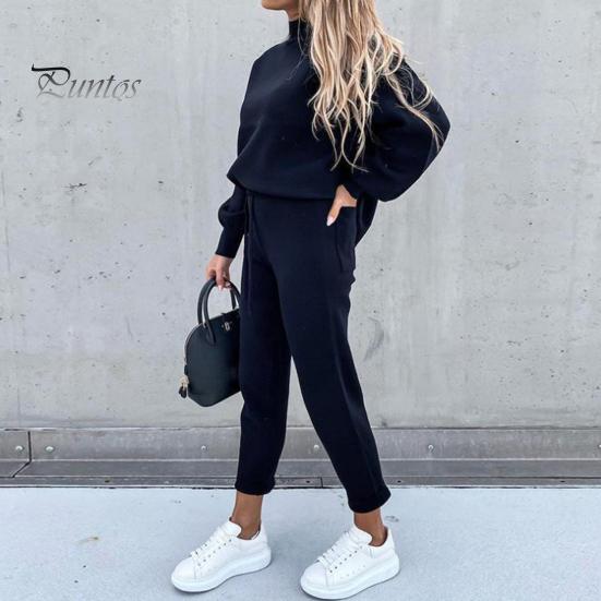 Solid Color 2 Pcs/Set Women Tracksuit Loose Half Turtleneck Casual Elastic Waist Keep Warm Drawstring Sportwear Sweatshirt Sweatpants Suit