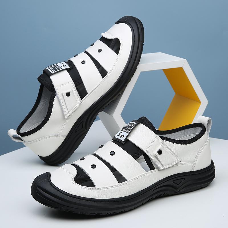 Мужские кожаные сандалии Кожаная мужская обувь Летняя дышащая обувь с отверстиями для среднего возраста Мужская нескользящая обувь на мягкой подошве Повседневная обувь для папы