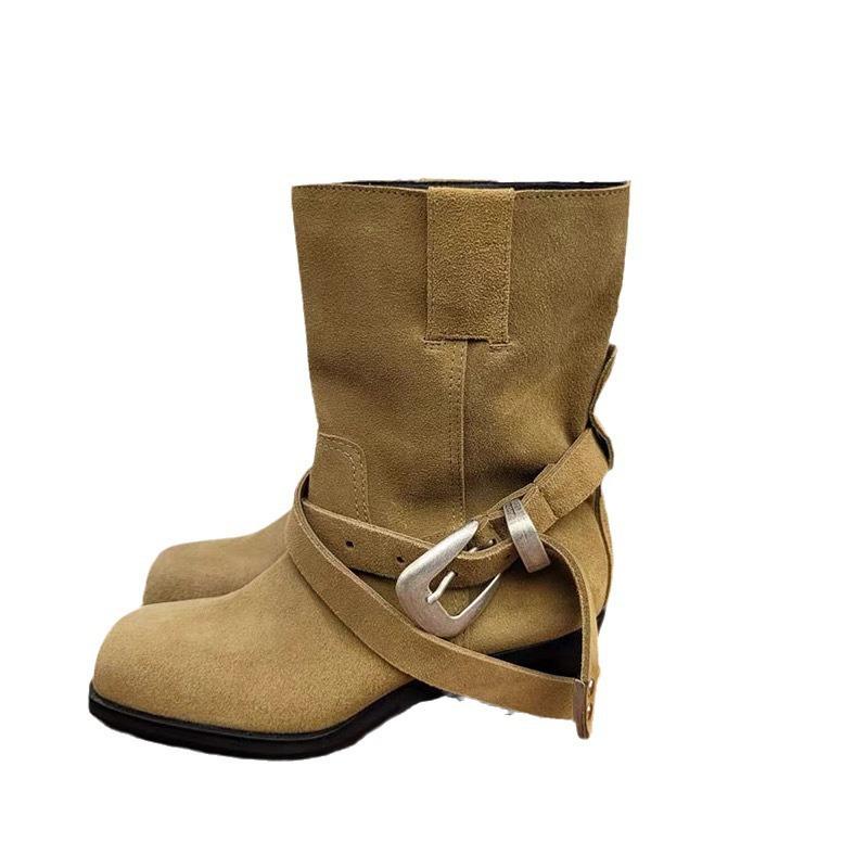 Version~ Retro Square Head Suede Belt Buckle Short Boots Women'S Wide Tube Medium Boots Thick Heel One Pedal Martin Boots