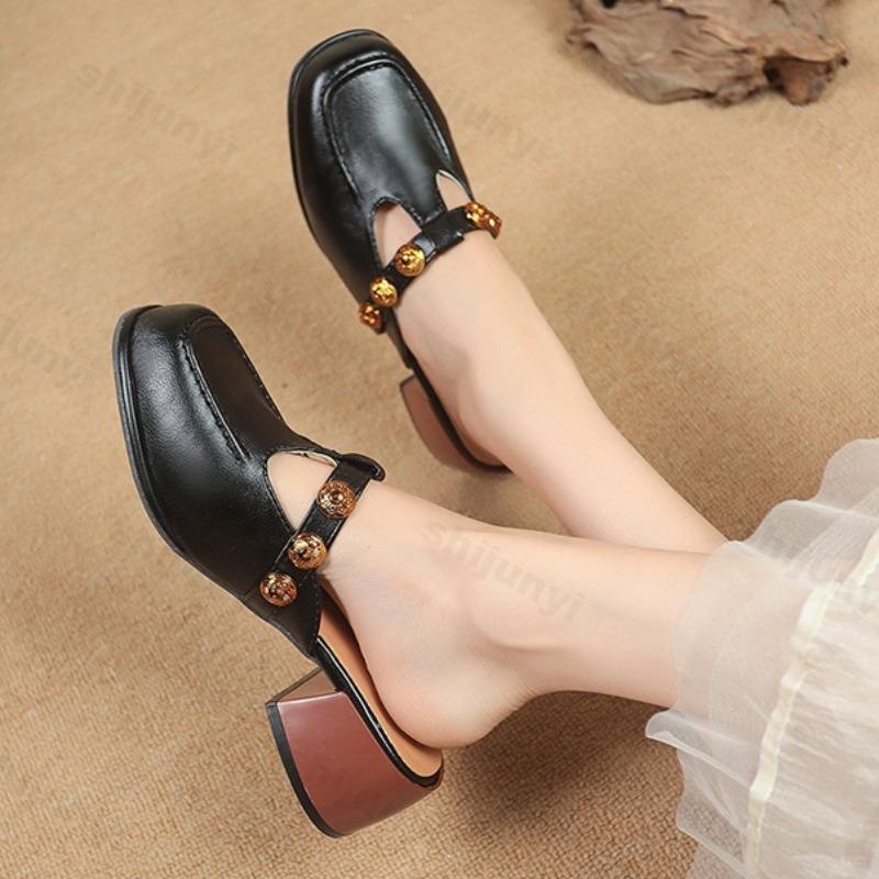 Модные ретро полушлепанцы с вырезами женские лето 2025 французский стиль модные удобные туфли Мэри Джейн одинарные уличные туфли-лодочки с квадратным носком