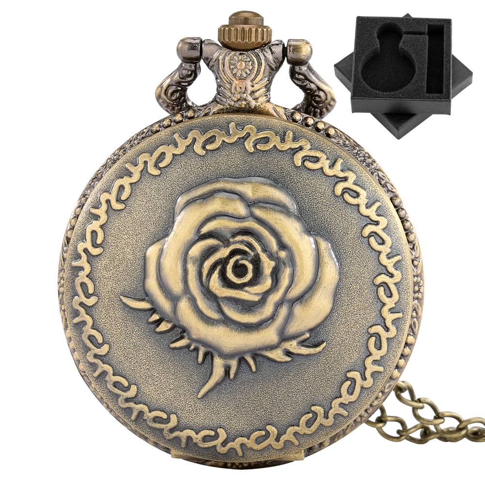 Romantic Retro Rose Flower Bronze Quartz Pocket Watch Women's Necklace Pendant Pocket Clock Gift Antique Stylish Timepiece