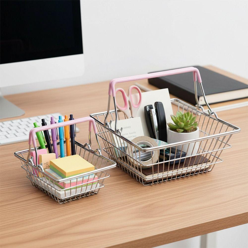 1pc Metal Wire Mini Shopping Basket 2 Sizes Available with Handle Desktop Storage Basket Mesh Desk Organizer Stationery Holder