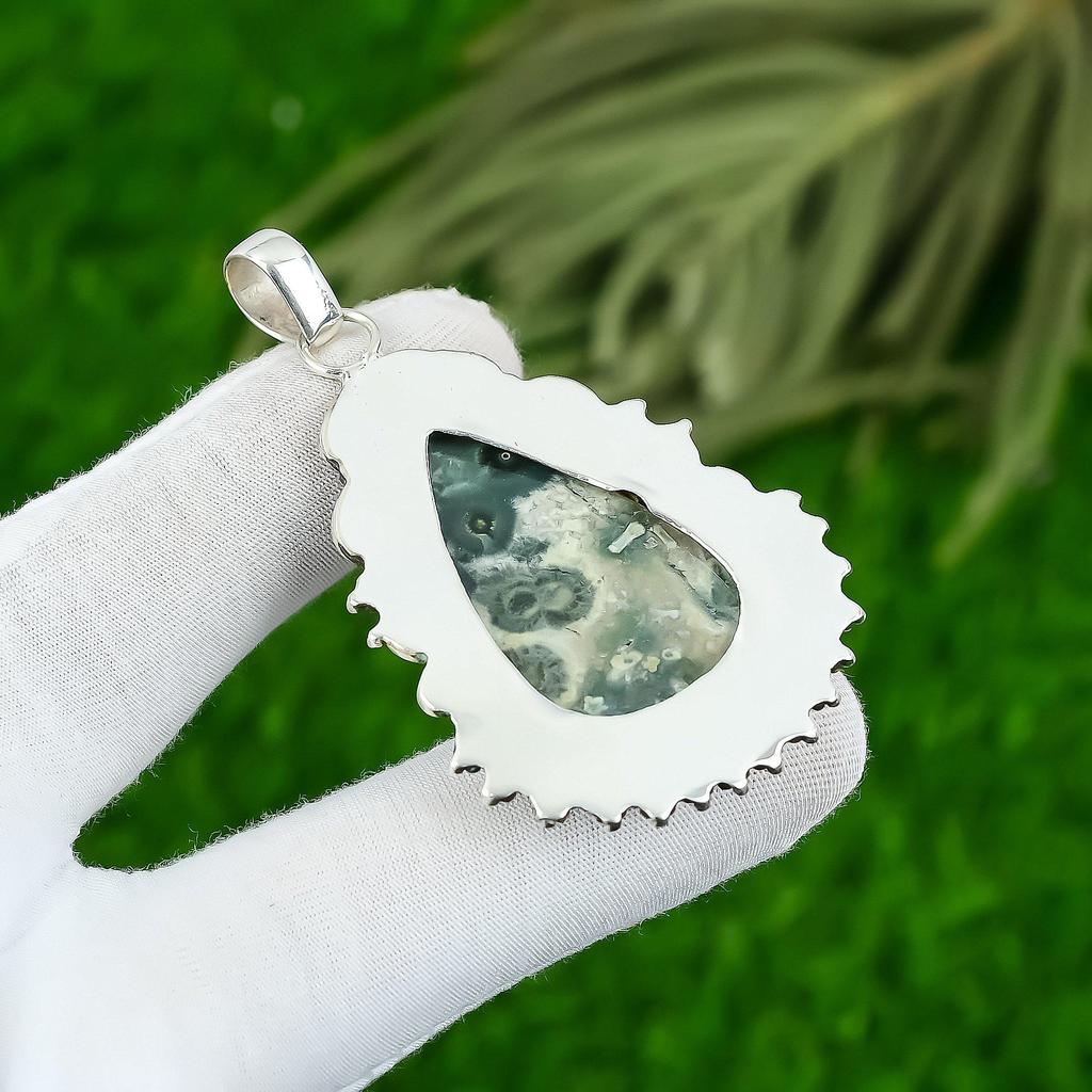 925 Sterling Silver Pear Natural Ocean Jasper Bezel Daughter New Pendant Jewelry