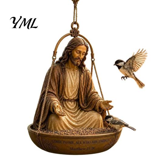 Memorial Garden Bird Feeder Blessing Figure Feeder, Resin Decorative Outdoor Durable Dish Hanging for Finches Chickadees Backyard Wild Birds Station