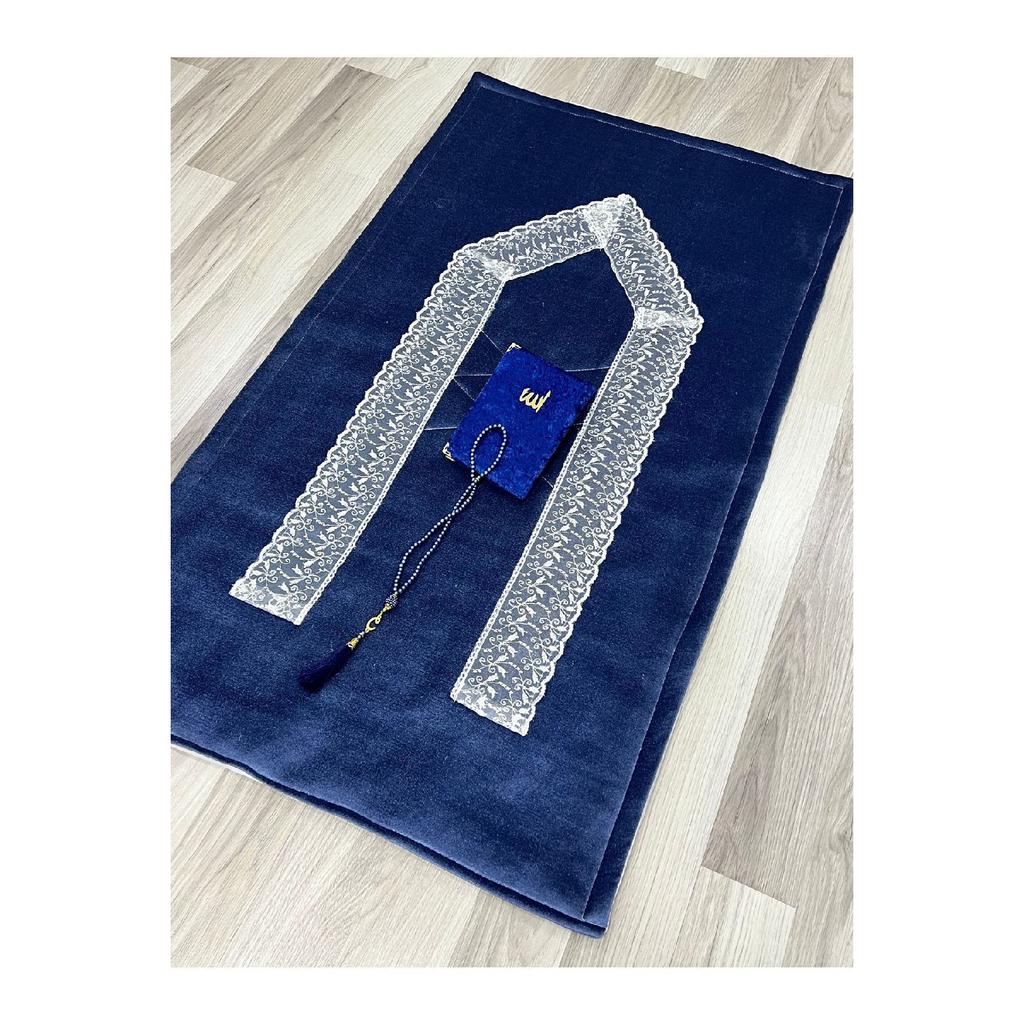 3 Piece French Guipure Embroidered Velvet Dowry Bridal Set Prayer Rug