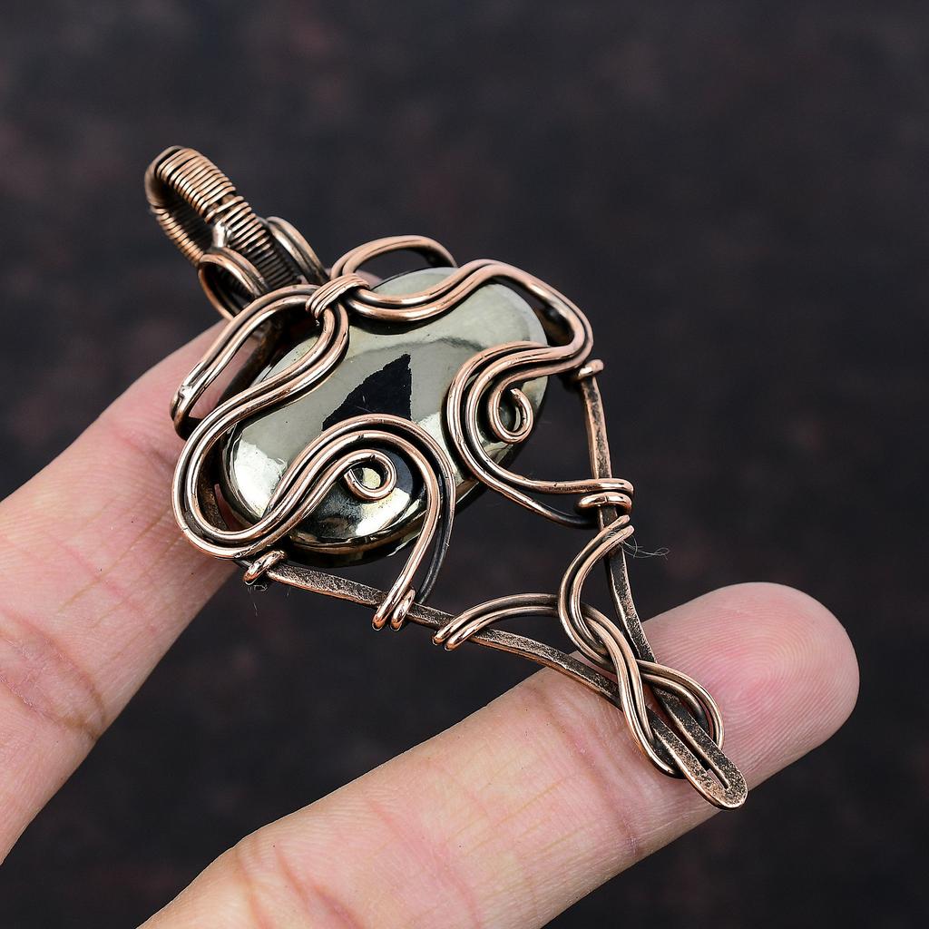 Пиритовый кулон, обернутый медной проволокой, драгоценный камень, потрясающий кулон, медный пирит, ювелирные изделия ручной работы, кулон, подарок для нее, обернутые проволокой ювелирные изделия