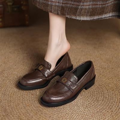 FOREADA Женские лоферы с круглым носком, на толстом среднем каблуке, с металлической отделкой, женская модная повседневная обувь, весна-осень, коричневые, черные, 43