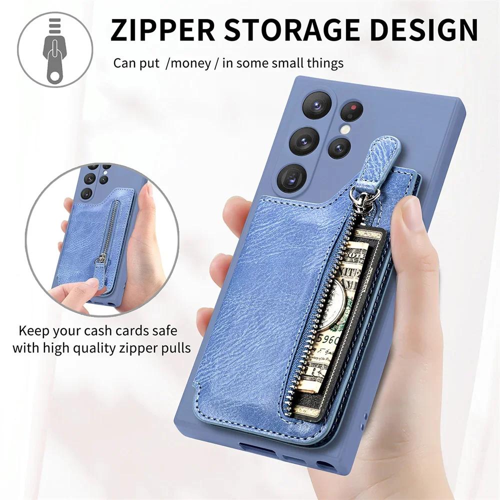 Luxury Zipper Wallet Case Camera 360 Protect Back Cover for Samsung Galaxy S24 S23 S22 S21 S20 Ultra Plus S8 S9 S10 Cover