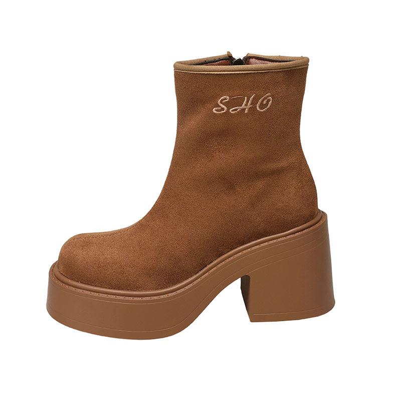 Замшевые ботинки Мартин на толстой подошве женские осень 2025 новые тонкие боковые молнии толстый каблук британские высокий каблук модные ботинки