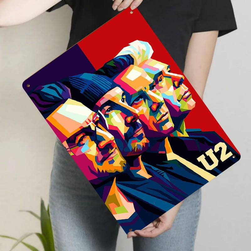 U Band Portrait Metal Wall Art Pop Art Style Decorative Iron Painting for Music Fans Home Decor