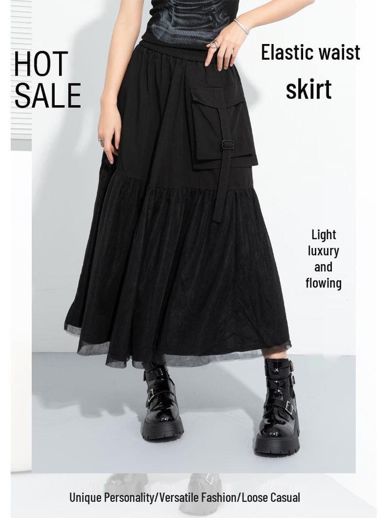 Юбка А-силуэта в темном стиле с сетчатой вставкой: Повседневный, средней длины, эластичная талия, неровный клеш