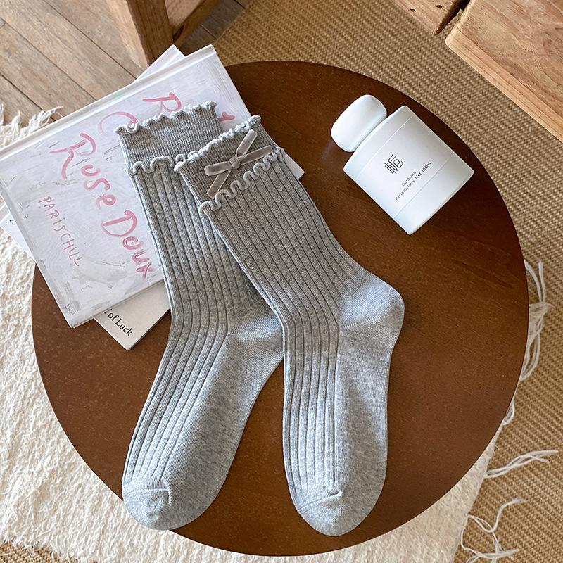 Женские весенне-осенние однотонные милые бархатные носки с бантом и двойным краем 'деревянное ушко' в рубчик