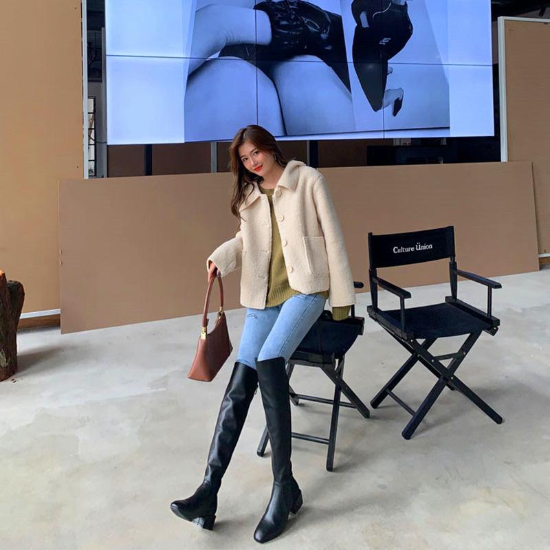 Сапоги выше колена. Женские осенние и зимние эластичные сапоги на толстом каблуке. Сапоги на высоком каблуке.