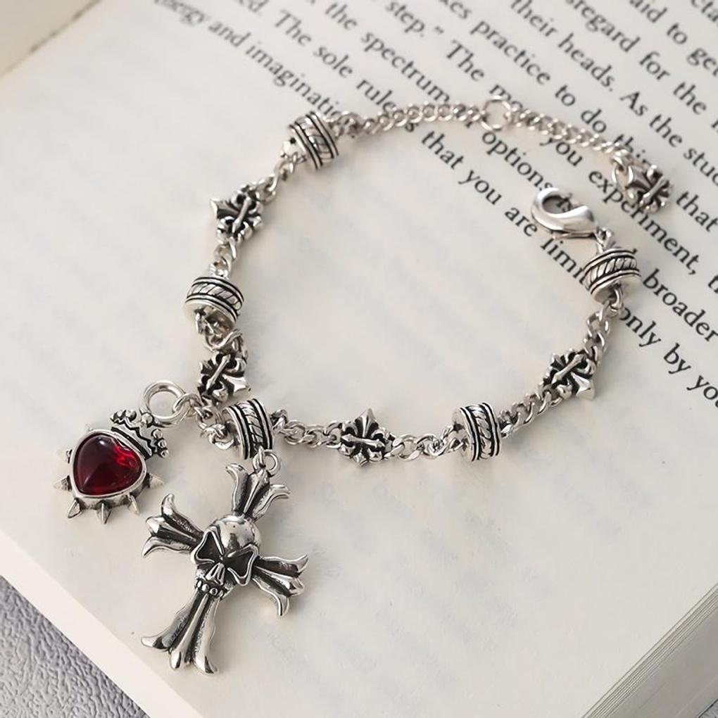 Women's Antique Skull Cross Crown Red Heart Bracelet