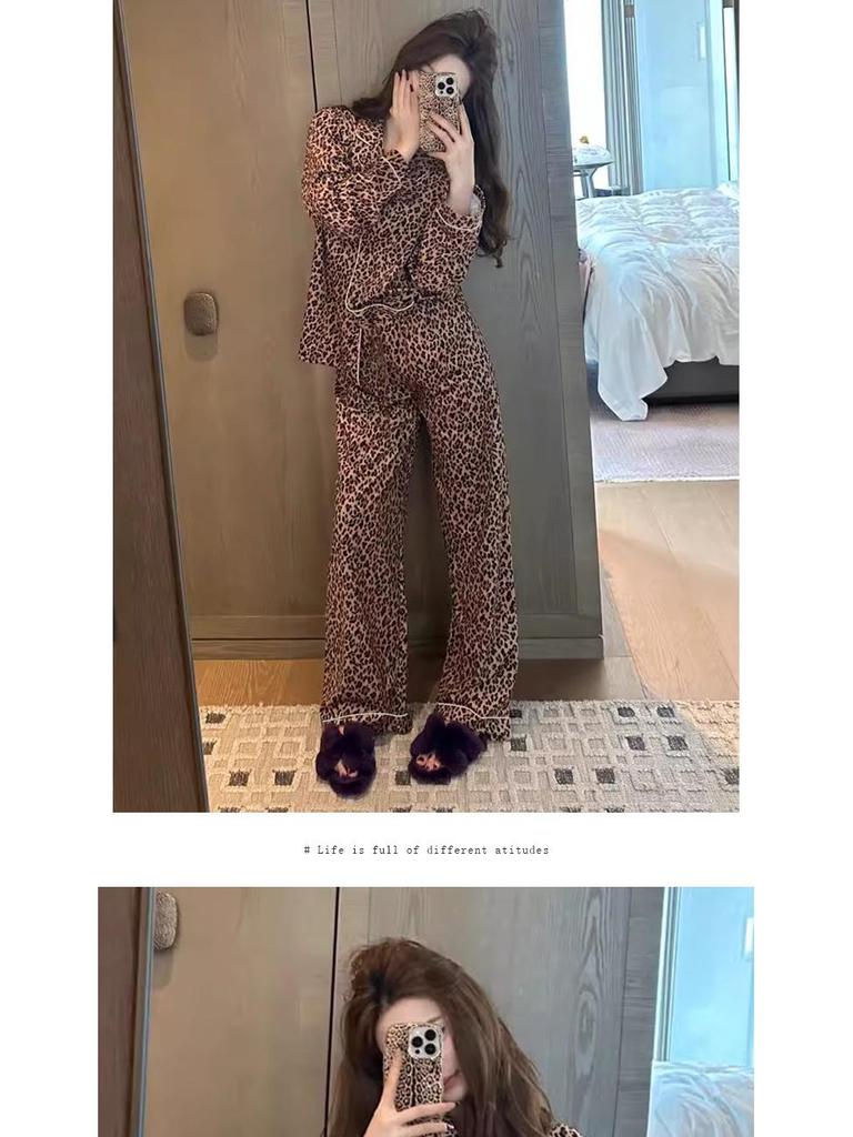 Весна/Лето Женский Пижамный Комплект С Леопардовым Принтом - Тонкий Кардиган и Сексуальный Домашний Наряд
