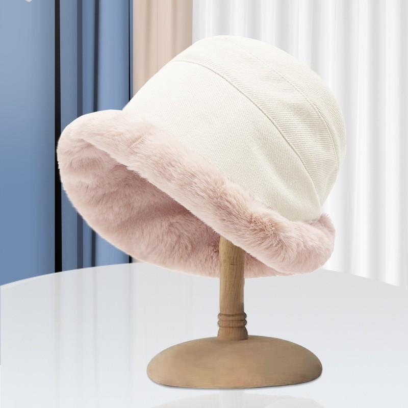 Autumn and Winter Lamb Wool Fisherman Hat for Women Casual and Fashionable Thickened Plush Curling Hat Large Brim Warm Ear Basin Hat for Men