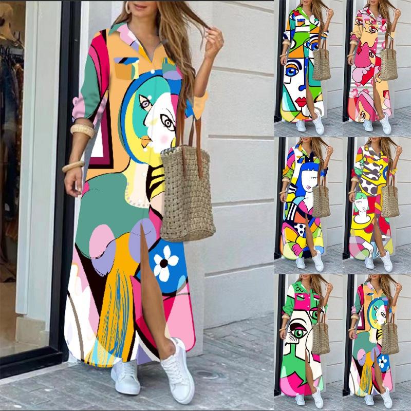 Women's Printed Maxi Shirt Dress Long Sleeve Button Front Loose Vacation Dress