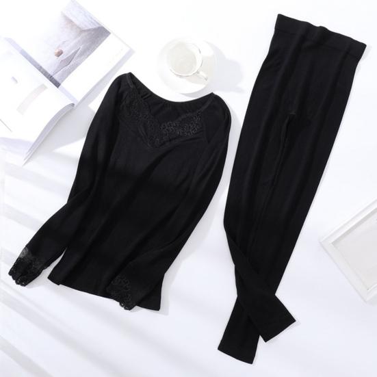 1 комплект женского термобелья, осенне-зимний кружевной V-образный вырез, длинный рукав, рубашка, длинные брюки
