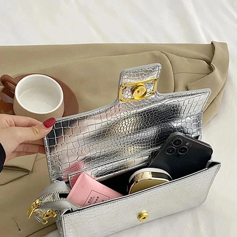 Сумки из лакированной кожи для женщин, сумки с узором из крокодиловой кожи и камнями, сумки через плечо с металлической ручкой, женские праздничные сумки, дамское качество