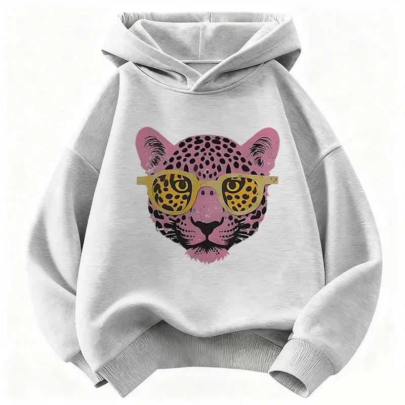 Soft Kids Hooded Sweatshirt, Bold Pink Leopard Head With Sunglasses Art Print On Front Hoodie, Versatile Casual Top for Boys Girls Autumn Outdoor Wear