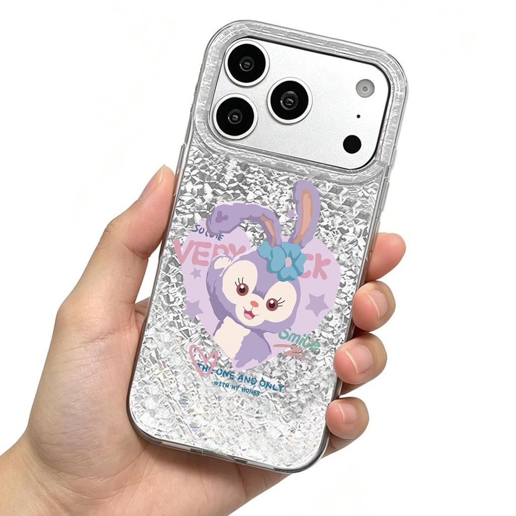 Чехол с улыбающимся фиолетовым кроликом для iphone 17 Pro Air 13 14 18 Pro Max 15 XR XS Max 11 16 Plus 12 Серебристый фон с трещинами и блестками