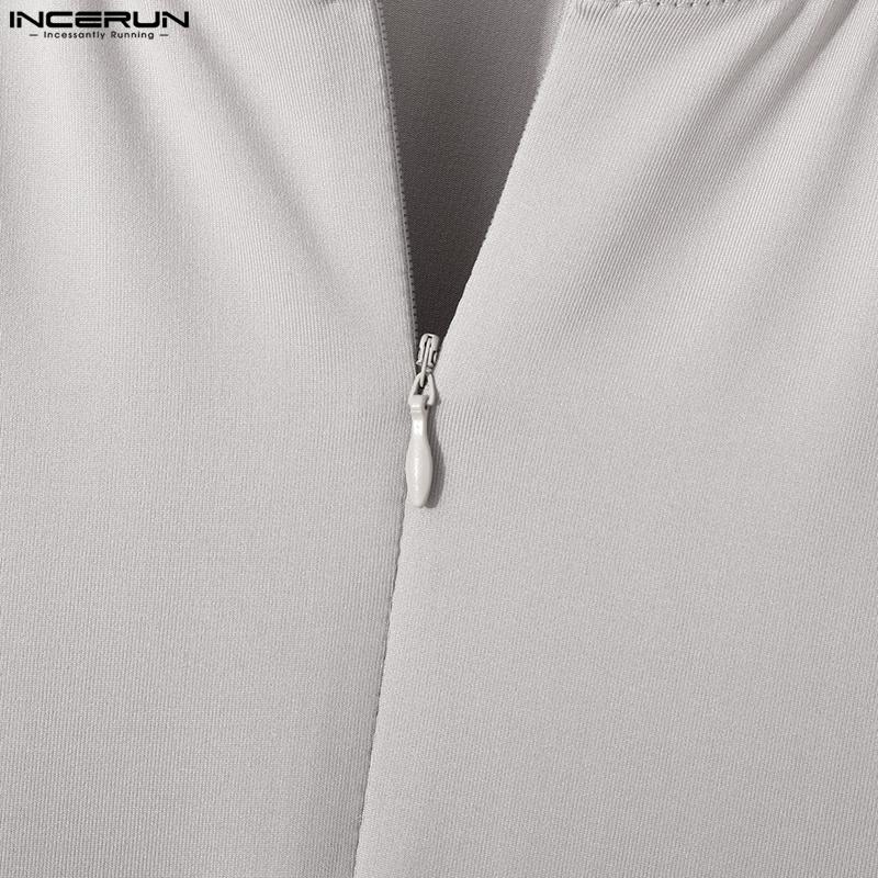 INCERUN 3Colors Jumpsuits Mens Fashion Summer Wear Short Sleeved Body Fit Suit Zipper Up Jumpsuits Solid Homewear S-5XL