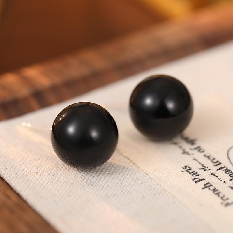 Серебряные корейские серьги с черным агатом для женщин - простые, элегантные, универсальные, небольшие эффектные украшения
